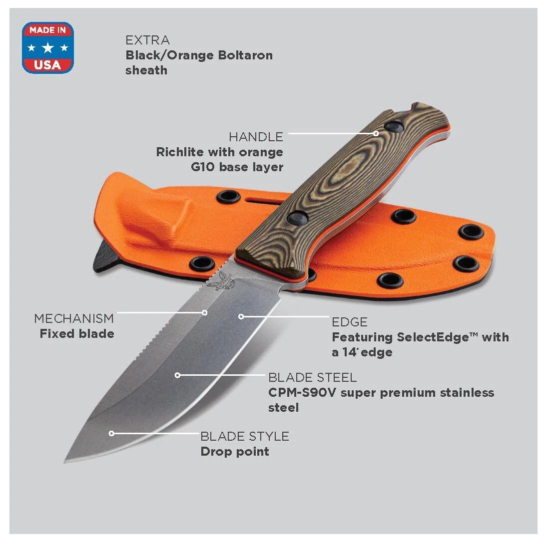 Benchmade Saddle Mountain Skinner CPMS90V Steel Hunting Richlite Fixed Blade Knife, G10 Sheath - 150 9 Benchmade Saddle Mountain Skinner CPMS90V Steel Hunting Richlite Fixed Blade Knife, G10 Sheath - 150 - Image 7
