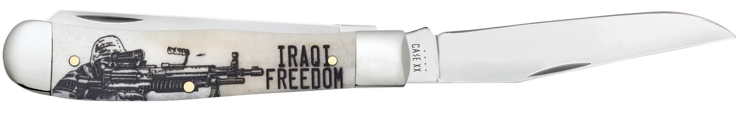Case War Series Iraqi Freedom Embellished Smooth Natural Bone (SS) Large Trapper Folder Knife #50954 4 Case War Series Iraqi Freedom Embellished Smooth Natural Bone (SS) Large Trapper Folder Knife #50954 - Image 2