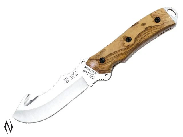 Nieto Warfare Olive Wood Guthook Hunting Fixed Blade Knife, Leather Sheath - 194O 3 Nieto Warfare Olive Wood Guthook Hunting Fixed Blade Knife, Leather Sheath - 194O